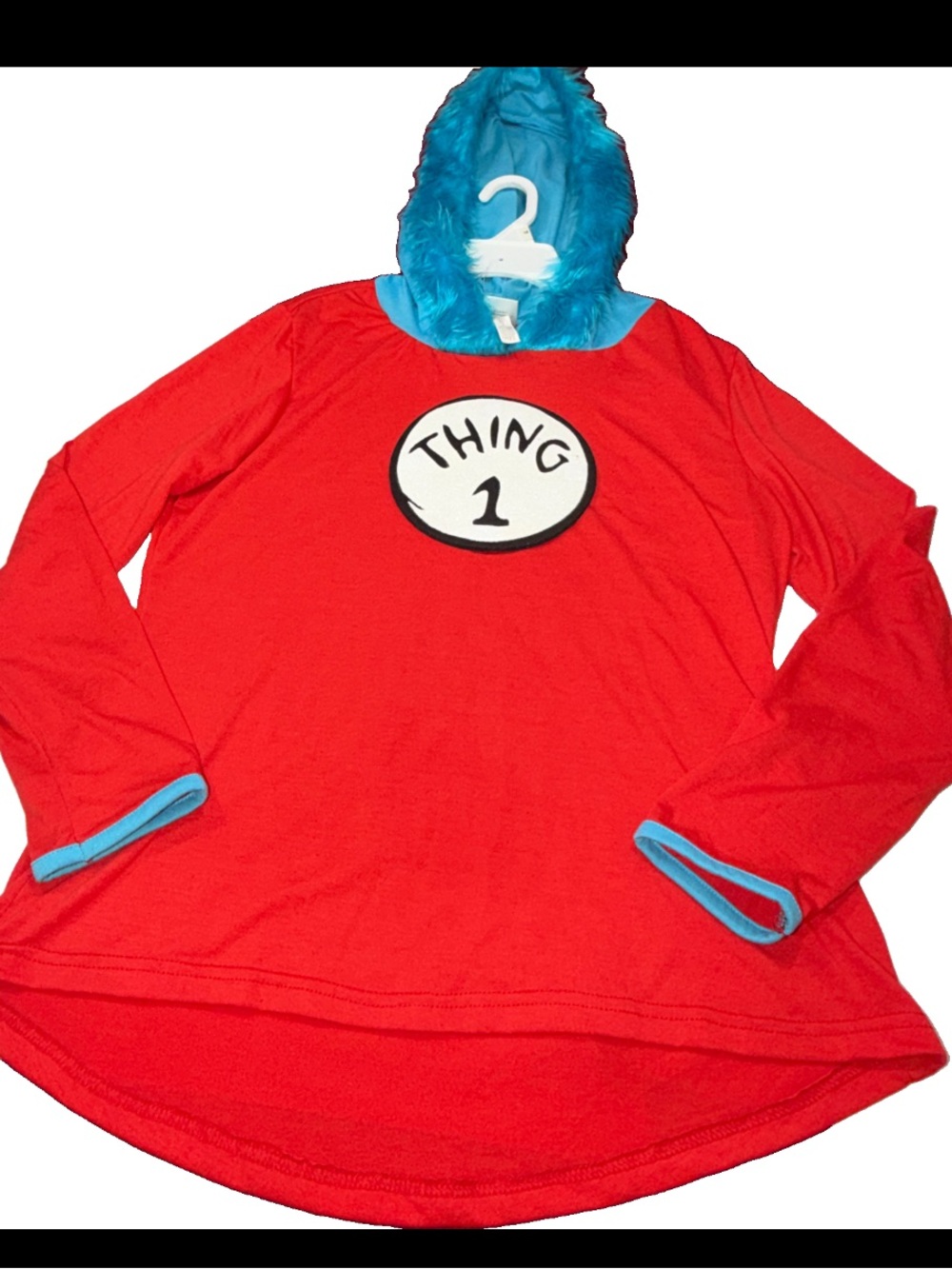 Dr. Seuss THING 1 Shirt Fur Hood Cat In The Hat Halloween Long Sleeve Women L XL